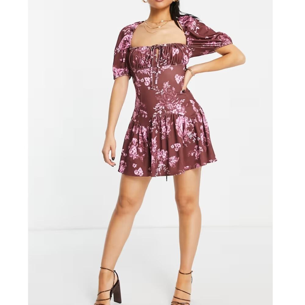 ASOS Design Petite Square Neck Mini Dress Tie Corset Back Rose Print US 0
